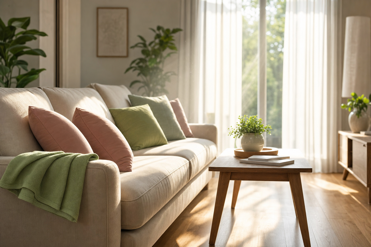 A bright, freshly cleaned living room with soft natural light and pink and green accent pillows