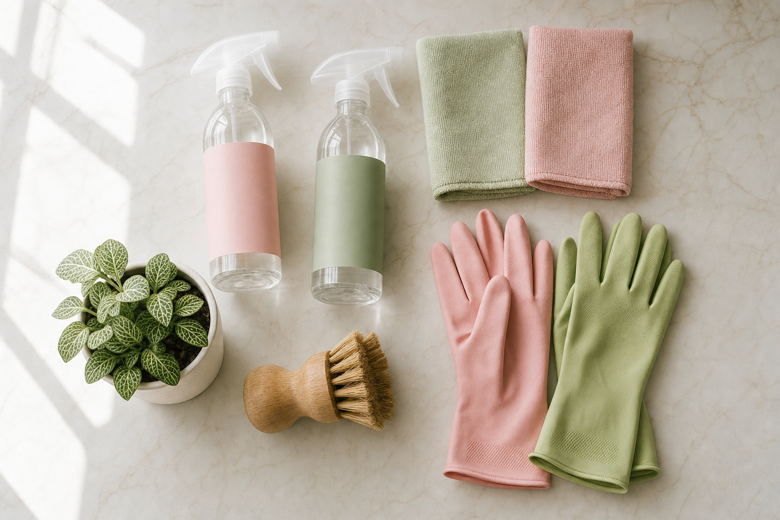 Neatly arranged eco-friendly cleaning supplies in pink and green